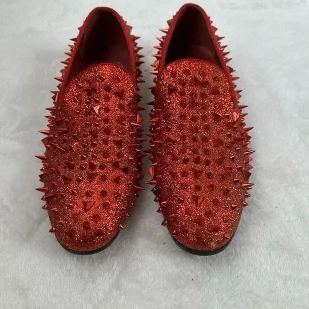 Royal‎ Shoes Mens Red Glitter Spiked Loafers Studded Slip On Dress Shoes Size 10